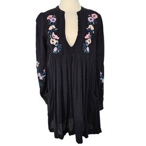 Free People Mia Floral Embroidered Shift Dress Womens Size XS Oversized Black